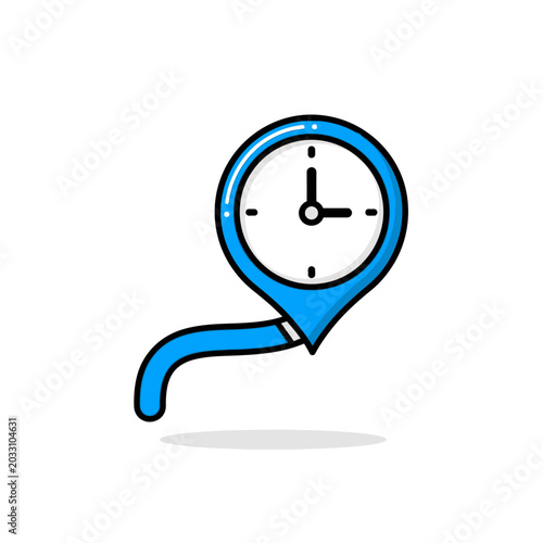 Blue map location pin icon containing a clock face