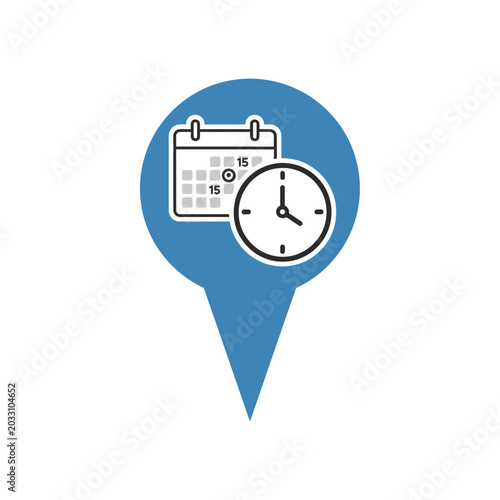 Blue map pin icon with calendar and clock illustration