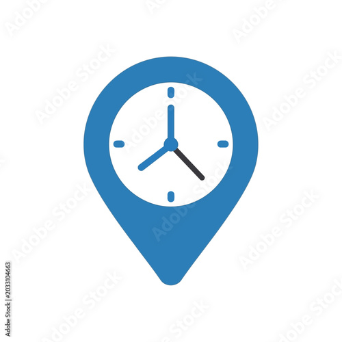 Blue map pin icon with white clock face