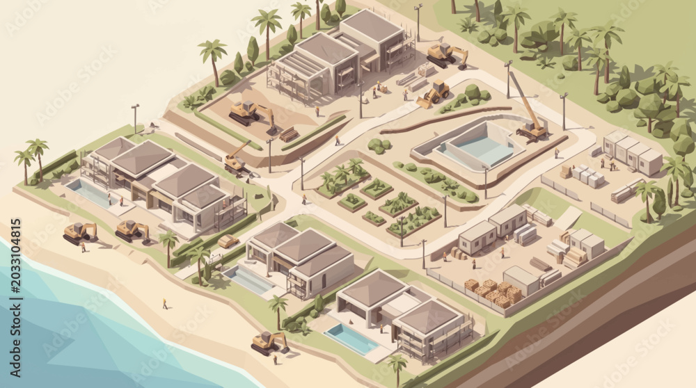 Fototapeta premium Aerial view of a luxury resort construction site with modern villas and swimming pools.