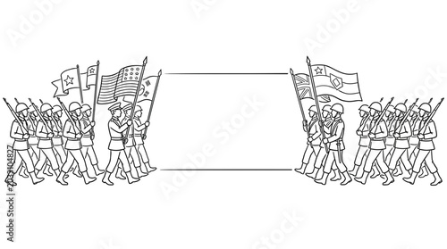 Schilderij op canvas Two groups of soldiers marching towards each other carrying flags
