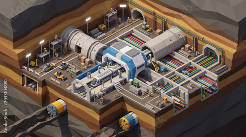 Photos Isometric view of a futuristic underground industrial complex.