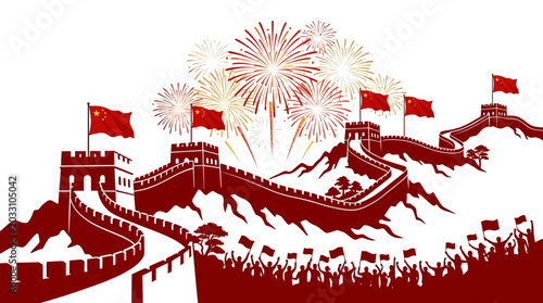 Konstfotografi A stylized red illustration of the Great Wall of China with fireworks and a cheering crowd