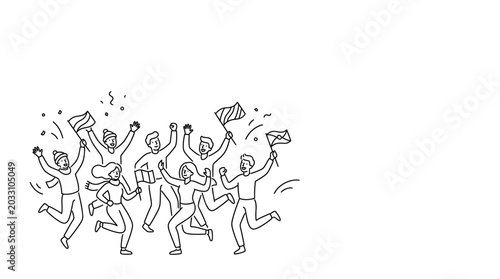 Bilde på lerret A group of happy people jumping and celebrating together in a line art style