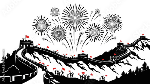 Foto The Great Wall of China illustrated with festive fireworks and celebrating people