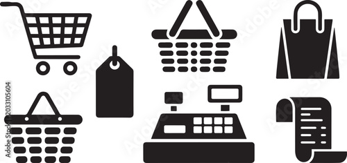 Shopping Retail Icons Set Black and White Silhouette Collection - Shopping Cart Basket Bag Price Tag Cash Register Receipt Silhouette Set silhouette vector illustration