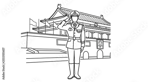 Bild auf Leinwand A line art illustration of a military officer standing in a formal salute
