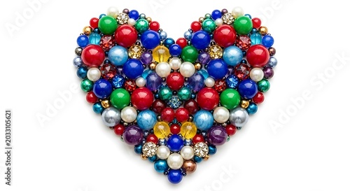 Heart shape composed of colorful costume jewelry and beads on white background