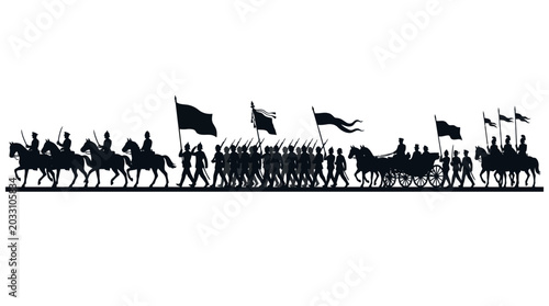 A detailed silhouette illustration of a historical military procession with soldiers and horses.