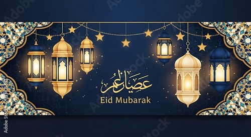 Eid mubarak celebration golden lanterns and islamic geometric patterns banner