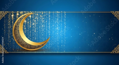 Islamic crescent moon with golden ornamentation and glittering particle effects