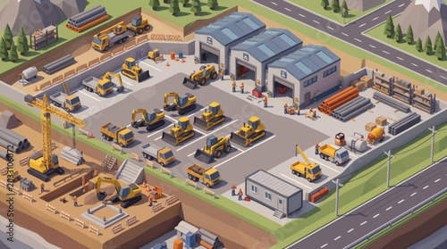 Foto Construction equipment depot with heavy machinery and storage buildings