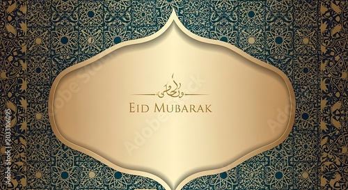 Eid mubarak islamic greeting card with ornate gold floral pattern and teal background