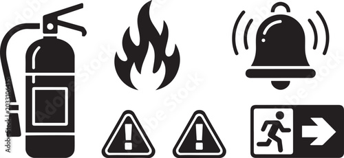 Photos Fire safety icons set with extinguisher flame alarm hazard and emergency symbols