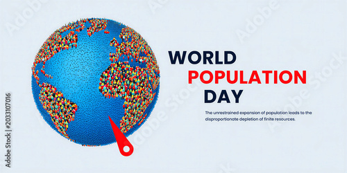 World population day concept with globe made of people icons and warning sign highlighting resource depletion issues