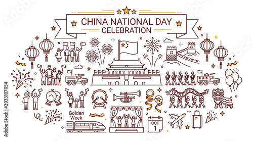 Sticker Hand drawn doodle illustration celebrating China National Day with iconic cultural symbols