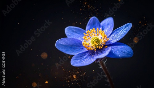 Close-up of a delicate blue wildflower with golden pollen scattered around it on a dark background