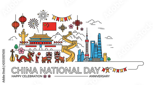 Canvas Print A vibrant illustration celebrating China National Day with iconic landmarks and cultural symbols