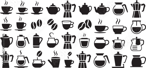 Coffee Icons Set Collection. Coffee and tea icon set collection with cups kettle beans and equipment isolated. silhouette vector illustration