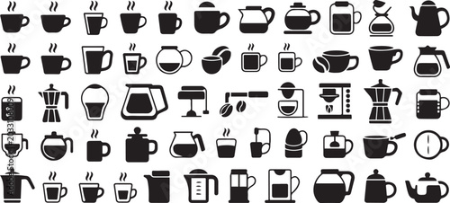 Coffee Icons Set Collection. Coffee and tea icon set collection with cups kettle beans and equipment isolated. silhouette vector illustration