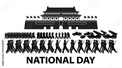 Bild auf Leinwand Silhouette illustration of a Chinese National Day military parade with Tiananmen Gate