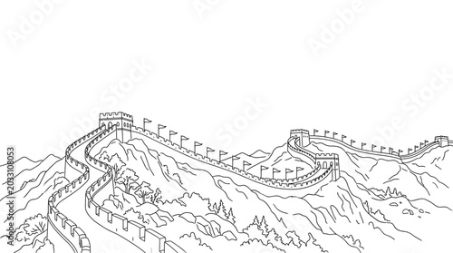 Bild auf Leinwand A detailed black and white line art illustration of the Great Wall of China