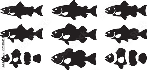 Diverse collection of fish silhouettes includes salmon bass trout and clownfish icons. silhouette vector illustration