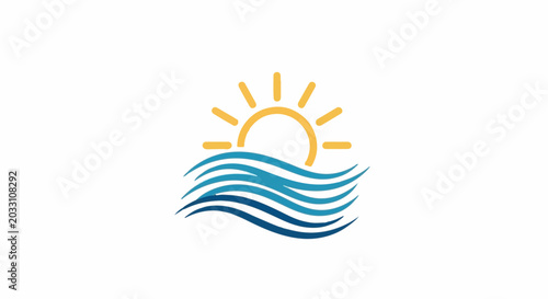 Stylized sun rising over blue waves