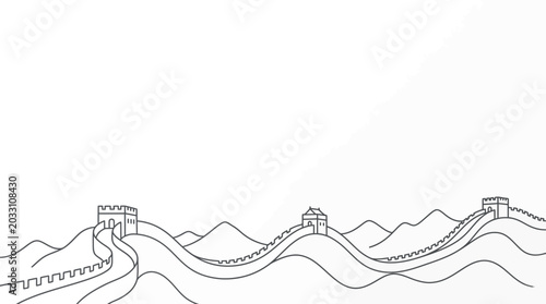 Tableau sur toile A minimalist line art illustration of the Great Wall of China winding through rolling mountains