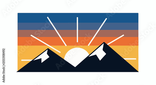 Stylized sunrise behind dark mountain peaks with white snow caps