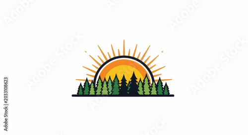 Stylized sunrise over a dense forest line