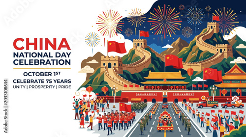 Fotografía Illustration of China National Day celebration featuring the Great Wall and Tiananmen Square