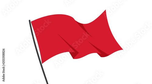 A vibrant red flag waving on a pole against a clean white background.