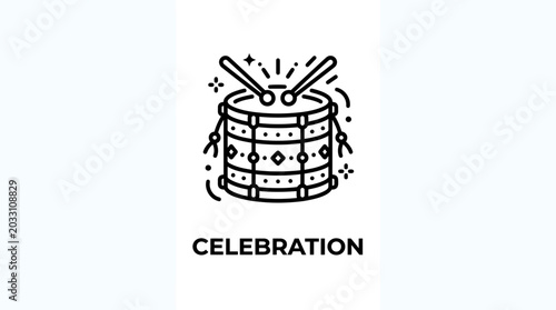 Minimalist line art illustration of a festive drum with drumsticks for celebration.