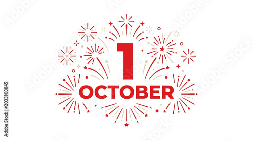 Red number one and October text with festive firework illustrations on white background.