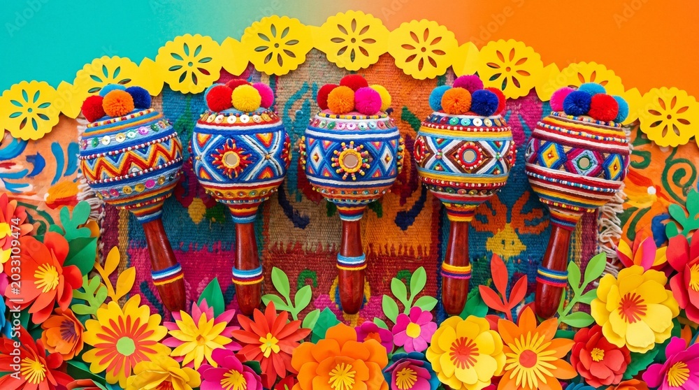 Fototapeta premium Decorative balls with colorful tassels and flowers folk art decorative colorful decoration