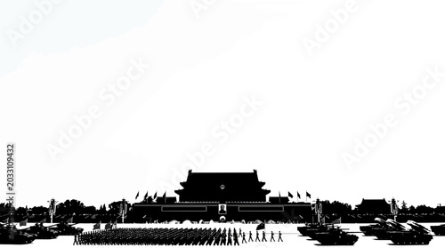 Fotografia Silhouette of military parade with soldiers and tanks in front of Tiananmen Gate