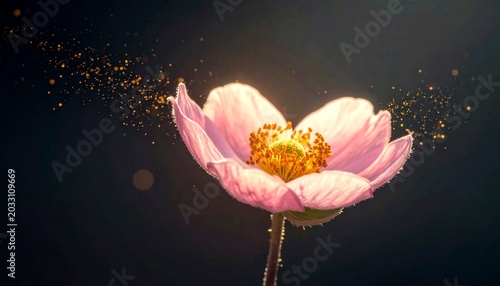 Delicate pink blossom in soft light with floating pollen