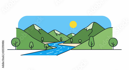 Stylized green mountains and a blue river under a yellow sun