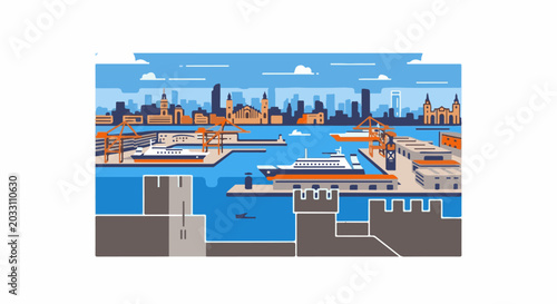 Stylized harbor scene with cruise ships, cranes, and city skyline