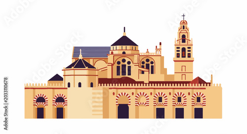 Stylized historical building with arches, domes, and a bell tower
