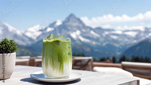 Iced matcha latte served on an outdoor terrace with snow-capped mountains in the background, blending wellness café culture with scenic alpine travel and bright summer light.