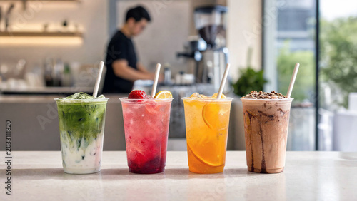 Assorted colorful iced beverages displayed on a modern café counter, featuring matcha latte, fruit soda, citrus tea, and chocolate shake with a blurred barista background.