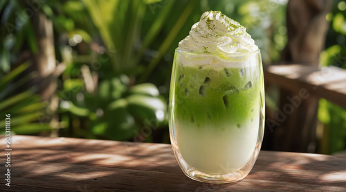 Iced matcha latte topped with whipped cream served in a double-wall glass on a rustic wooden table, surrounded by lush tropical greenery in warm natural sunlight.