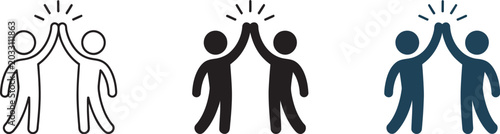Obraz na płótnie Team, celebration icon set featuring two people giving a high five in outline and solid styles representing teamwork, success, achievement, and positive workplace collaboration in clean vector design