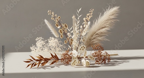 Minimalist dried botanical arrangement for interior decor. Elegant rustic nature and sustainable home styling. Assorted dried plants in a studio setting with soft natural lighting