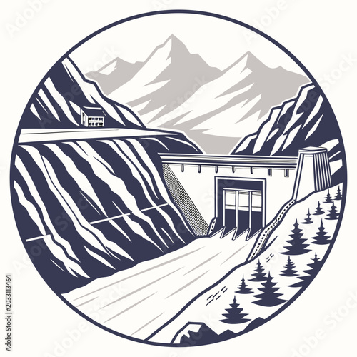 Foto Vector illustration of a dam structure nestled within a mountainous circular lan