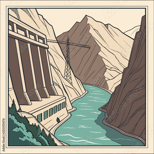 Bild auf Leinwand Vector illustration of a hydroelectric dam landscape with mountains and a windin