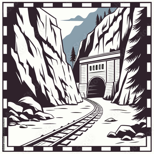 Foto Snowy canyon with railway tracks and tunnel entrance a vintage style vector illu