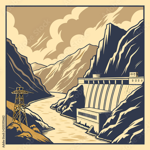 Obraz na płótnie Hydroelectric dam scene with mountainous backdrop and power lines rendered in a